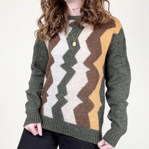 Vintage 100% Wool Zig Zag Knit Sweater Eclectic Grandpa Scandinavian 70s 80s